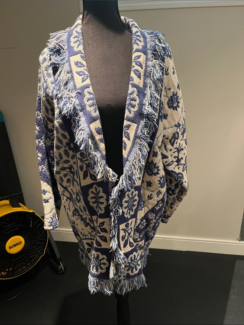 Fringed Blue and Cream Floral Knit Cardigan Sweater